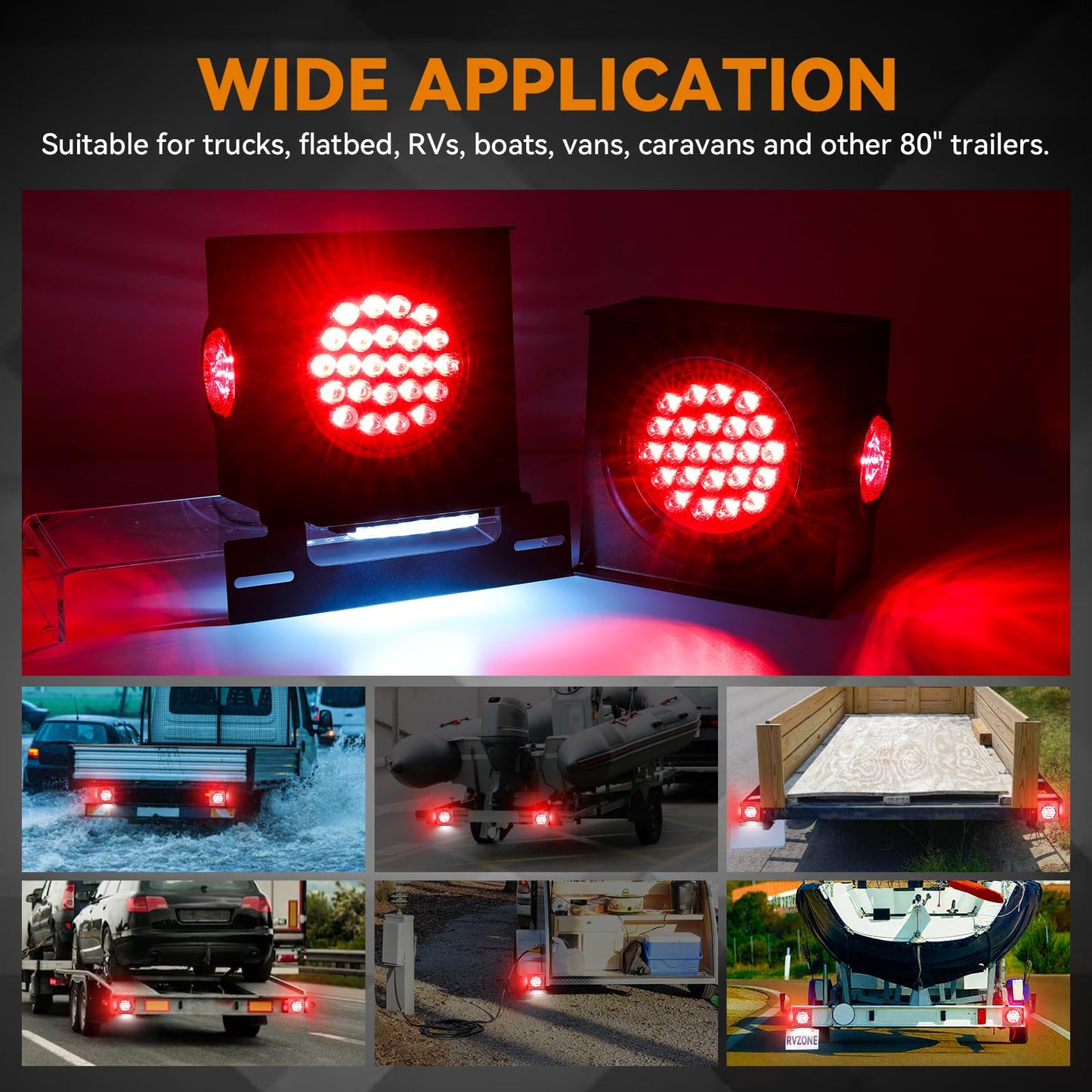 Rvzone 12V Square Led Trailer Light Steel Boxes Housing Kit  2Pcs Ip67 Red Waterproof Stop Brake Turn Lights With 4In Round Tail Lights 2 In Round Side Marker Light 6Led License Plate Lighting