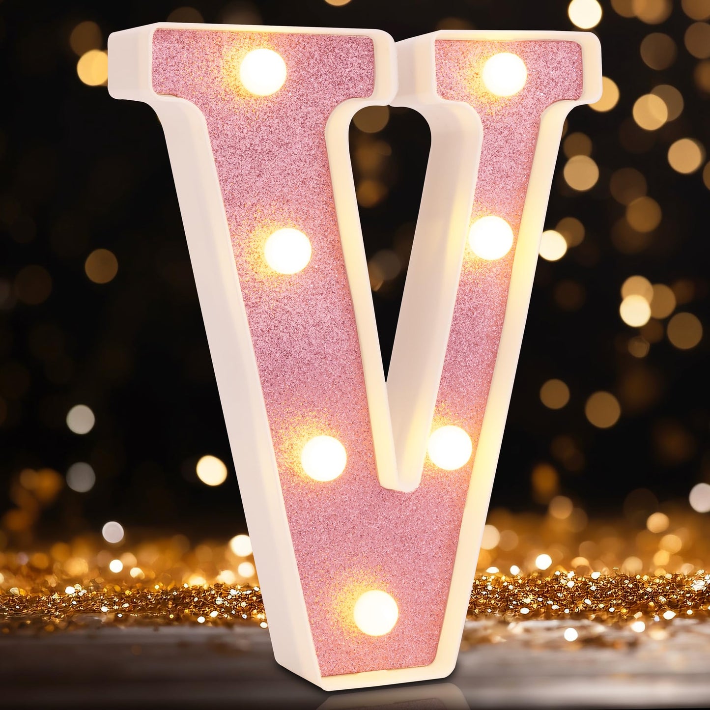 DyingSwan Small LED Marquee Letter V, Pink Glitter, 8.58 Inch, Battery Powered Plastic Lighted Sign for Party and Decor
