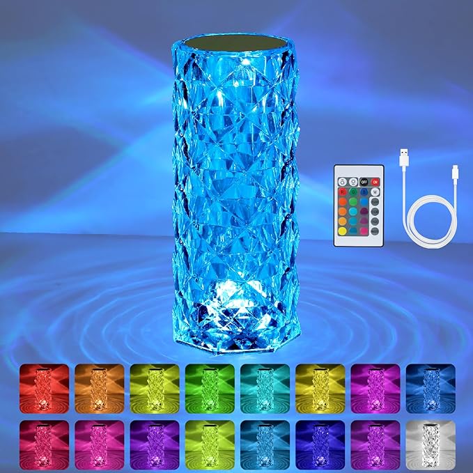 Crystal Lamp Touch, RGB 16 Colors Changing Night Light with Remote, Rechargeable Crystal Table Lamp Bedside Lamp, Rose Wave Diamond Night Light, Ambient Lighting for Bedroom/Game Room/Dinning Room