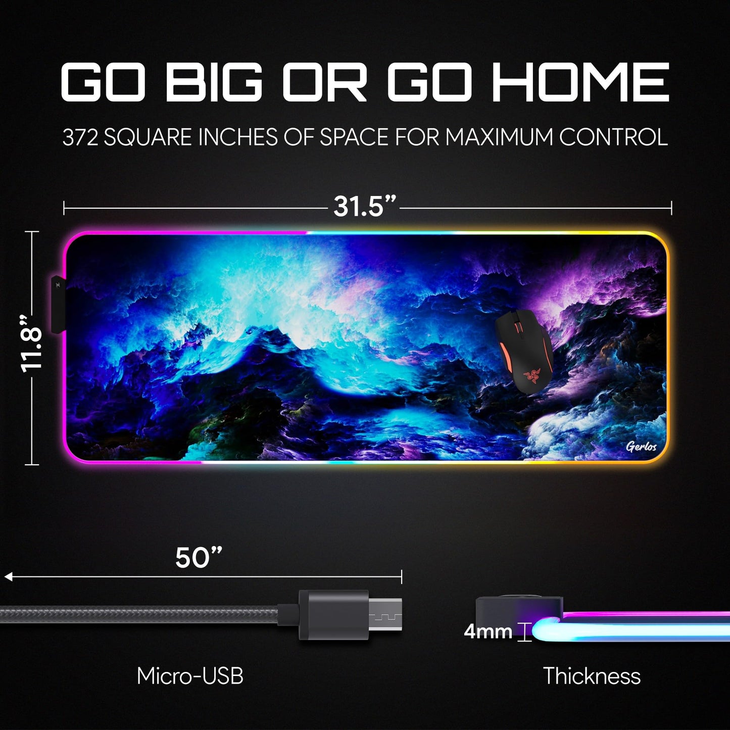 Gerlos RGB Large Gaming Mouse Pad, Extended Soft LED Mouse Pad, Non-Slip Rubber Base, Water Resist Keyboard Pad, Gaming Mousepad 31.5×11.8 inches