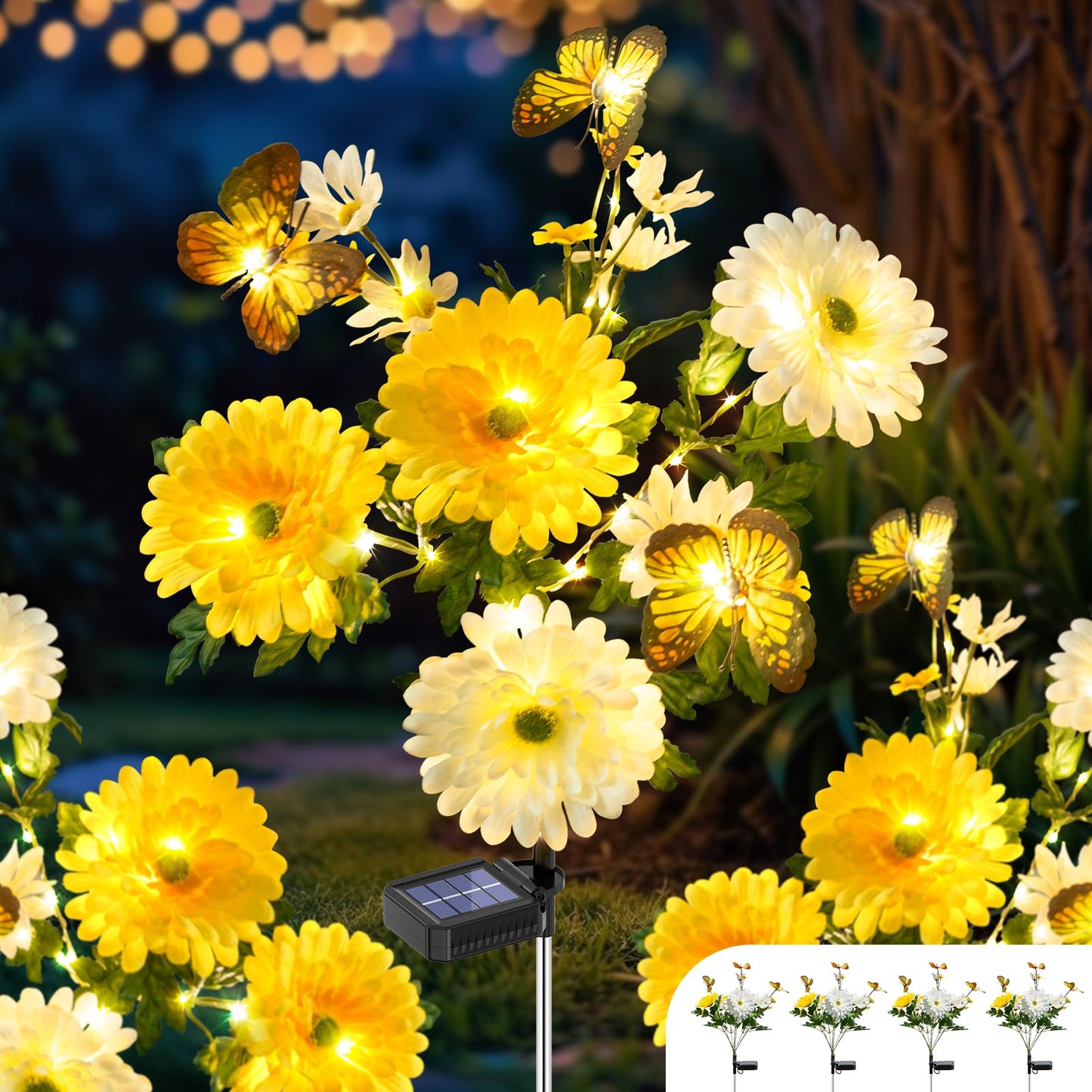 TopVelo Solar Garden Light 4 Packs, 120 LEDs Outdoor Solar Lighting with Daisy and Butterfly, Waterproof Outdoor Garden Light for Patio, Courtyard, Pathway Decoration (Yellow)