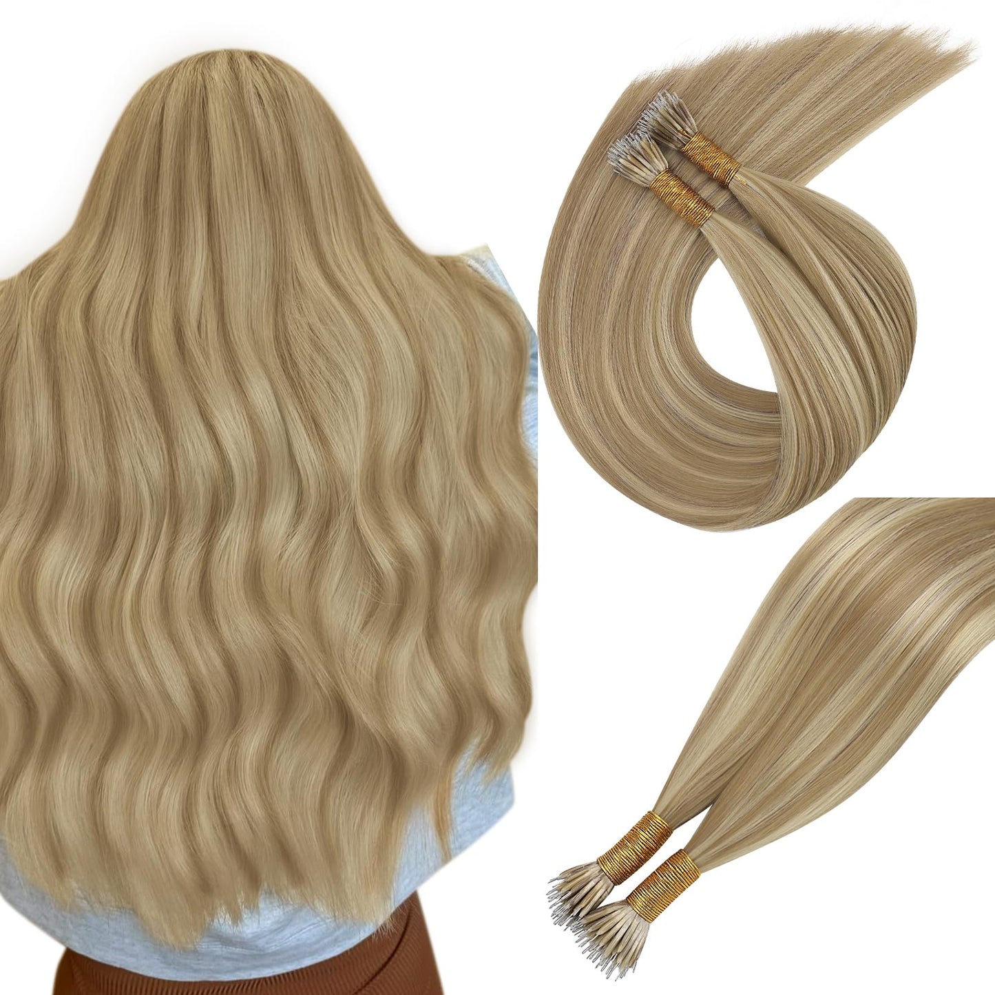 Easyouth Nano Ring Hair Extensions Real Hair Natural Nanos Hair Extensions Golden Blonde Highlight Medium Brown Nano Beads Exten