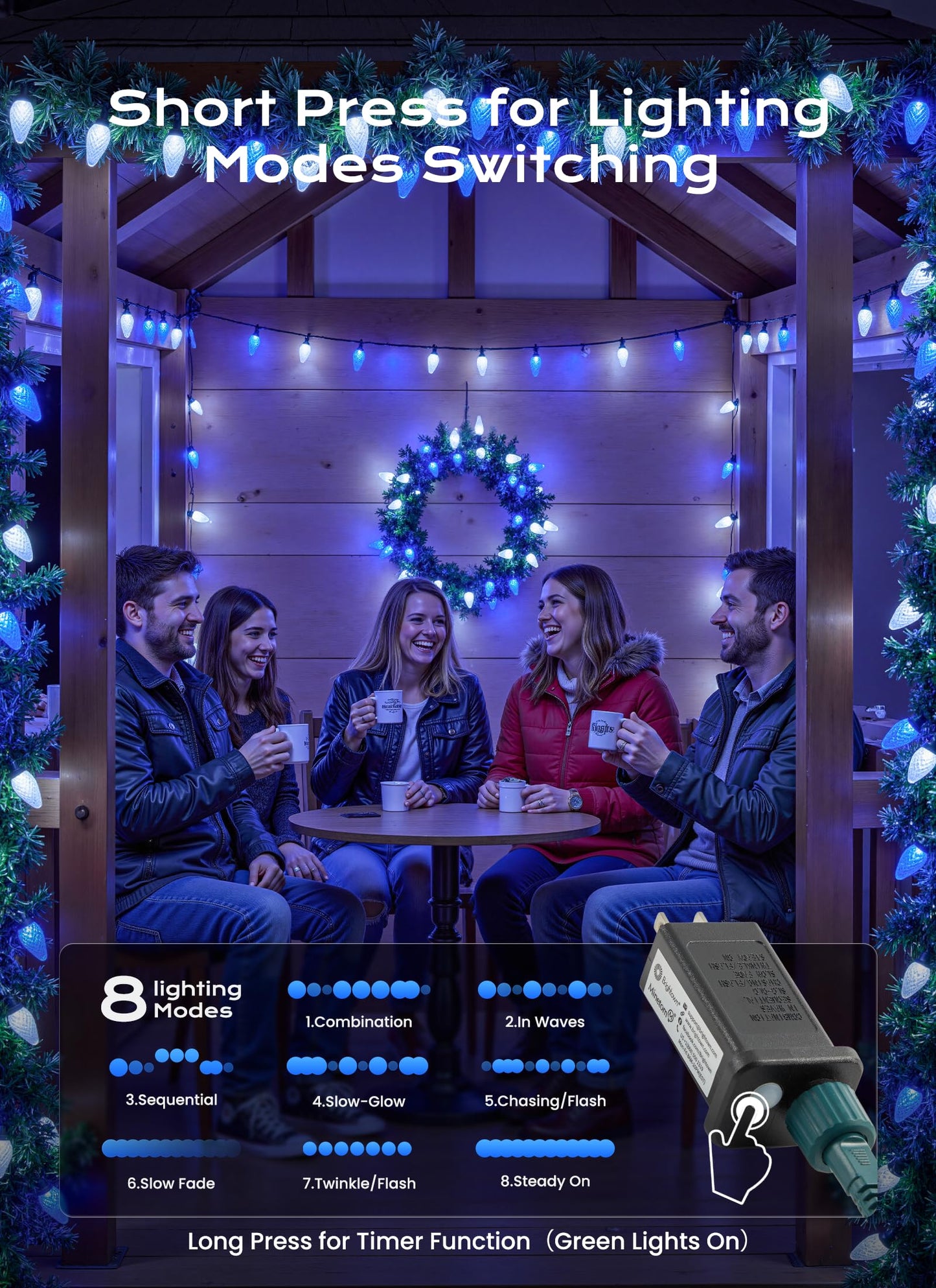 C9 Christmas Lights Outdoor  100 Ft 150 Led Connectable C9 String Lights With 8 Modes And Timer Xmas Tree Patio Roofline Garden Yard Holiday Party Indoor Outdoor Decoration  Blue And White