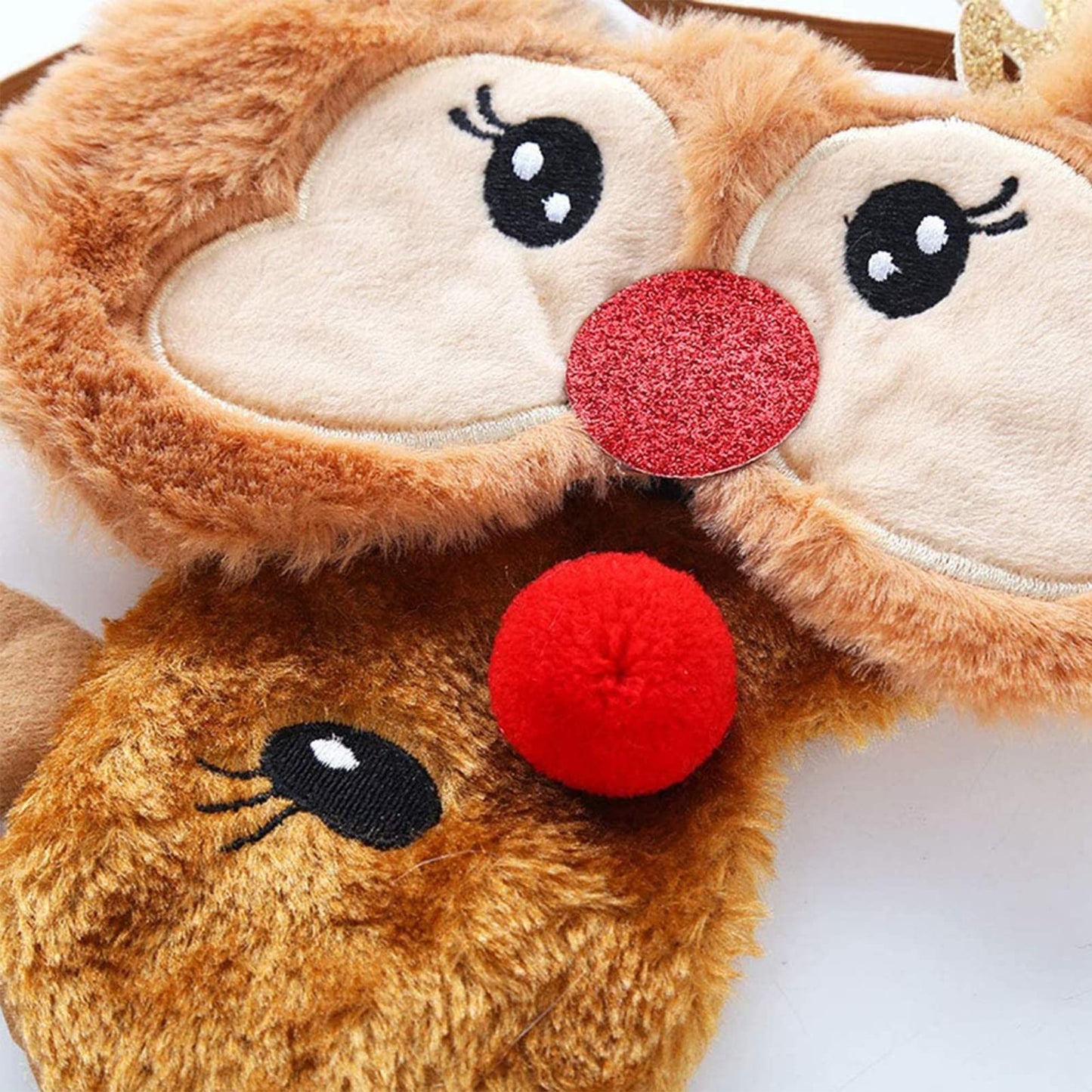 Ulbemoll Cute Reindeer Sleeping Mask, Soft Fluffy Plush Blindfold Funny Novelty Christmas Rudolph Sleep Mask Eye Cover Eyeshade for Kids Girls Boys Women Men Night Nap Travel (Brown, Reindeer)