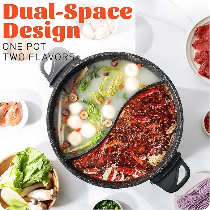 TWIN™ Electric Hot Pot with Divider | EvenHeat Cast Aluminum Non-Stick Pot for No-Spot Cooking | 1500W Fast Heating | Dual-Flavor Shabu Shabu Pot for Family Use | 1-Yr Warranty