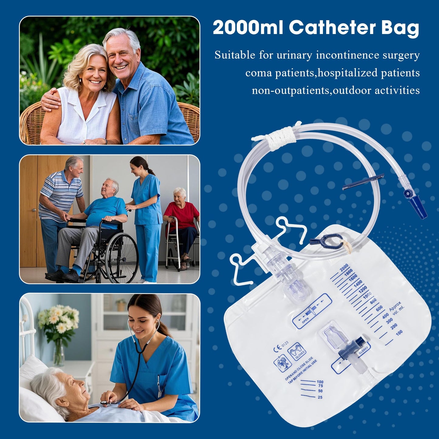 BeHerk 2000mL Catheter Bags for Men and Women 3 Pack Professional Urinary Drainage Bags with Enhanced Anti-Reflux Drip Chamber, 48” Thickened Drainage Tube, Adjustable Clips & Hanging Hook