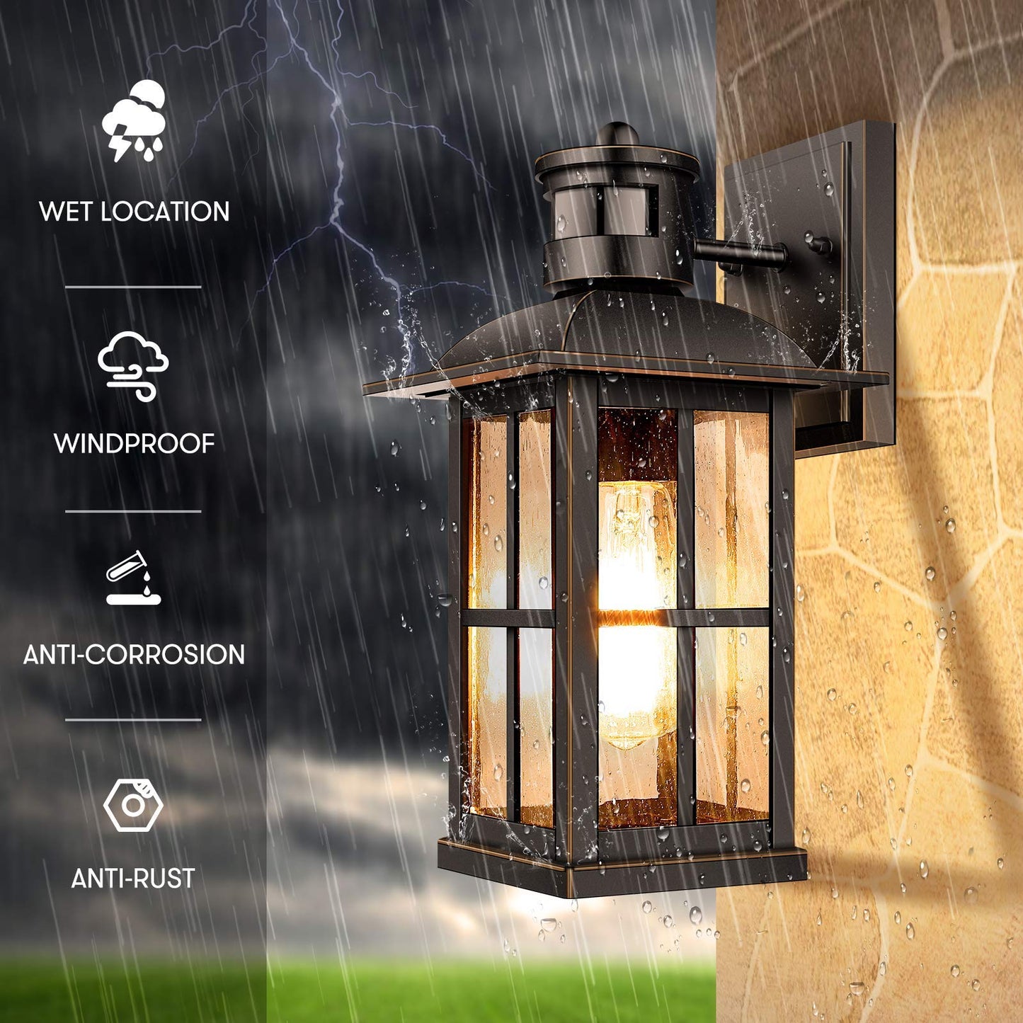VerRon Motion Sensor Outdoor Light - Waterproof Aluminum Wall Sconce, Black, Model A0728, 1 Pack, Dusk to Dawn, Seeded Glass