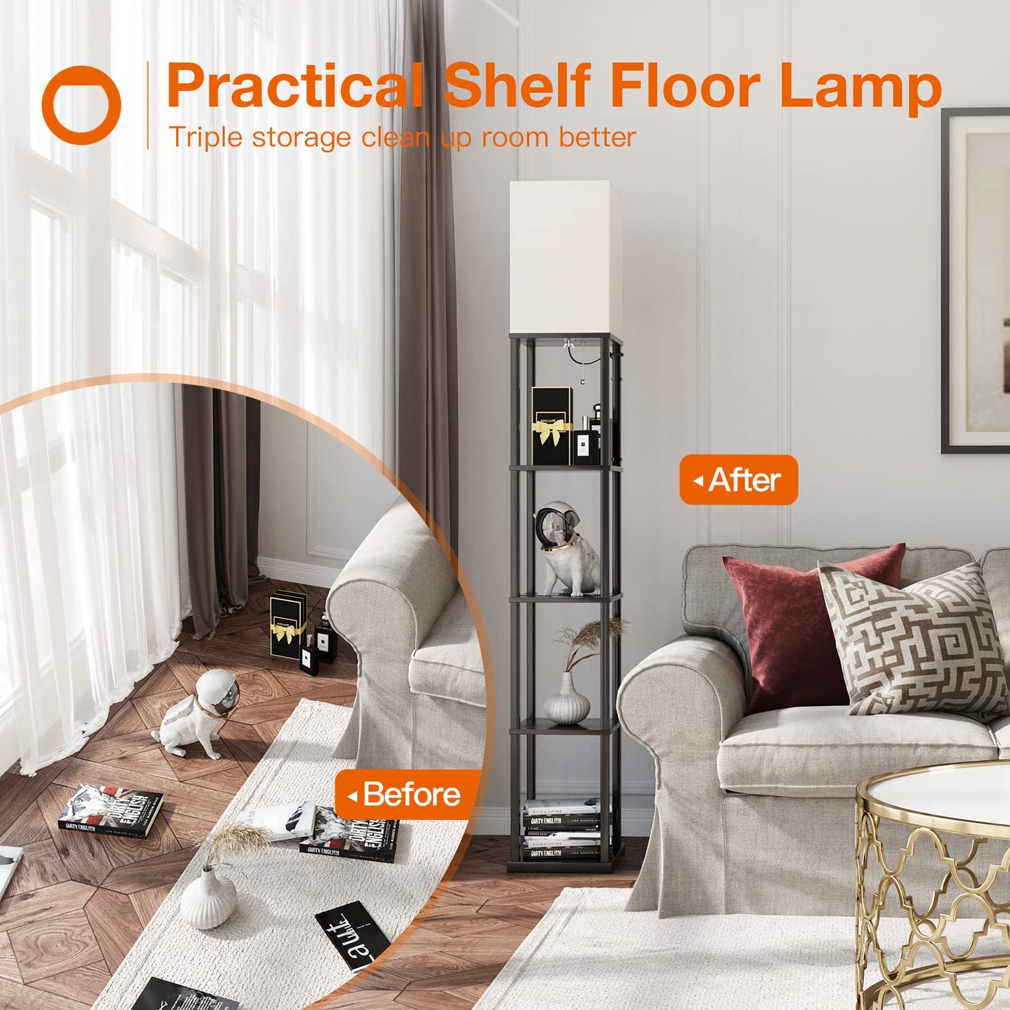 addlon Floor Lamp with Shelves, 70in H Modern Aluminum Design, Black, Model A130109912, Includes 3CCT LED Bulb