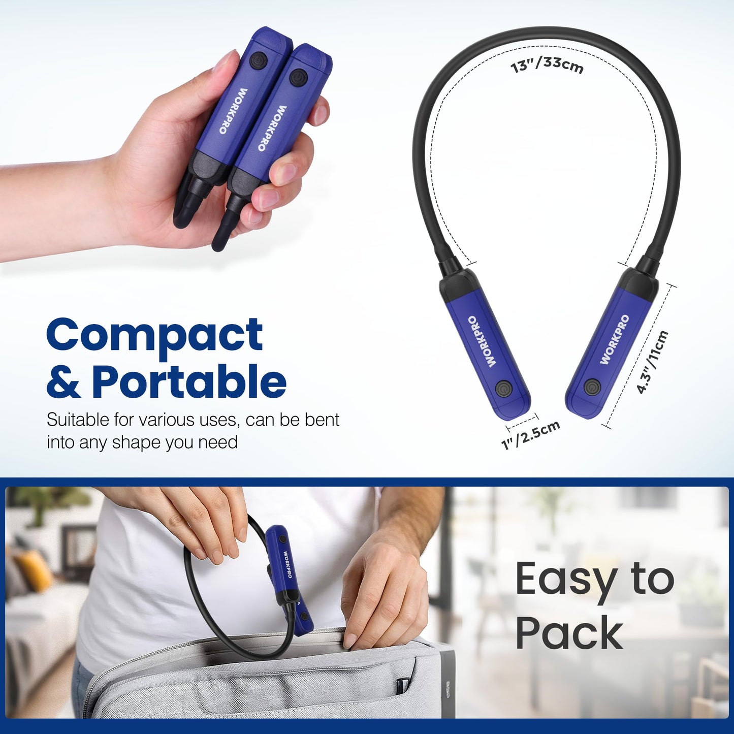 WORKPRO Rechargeable Neck Light, 300 Lumens, 3 Brightness Levels, Bendable Silicone Arm, Blue, Model W139033AF