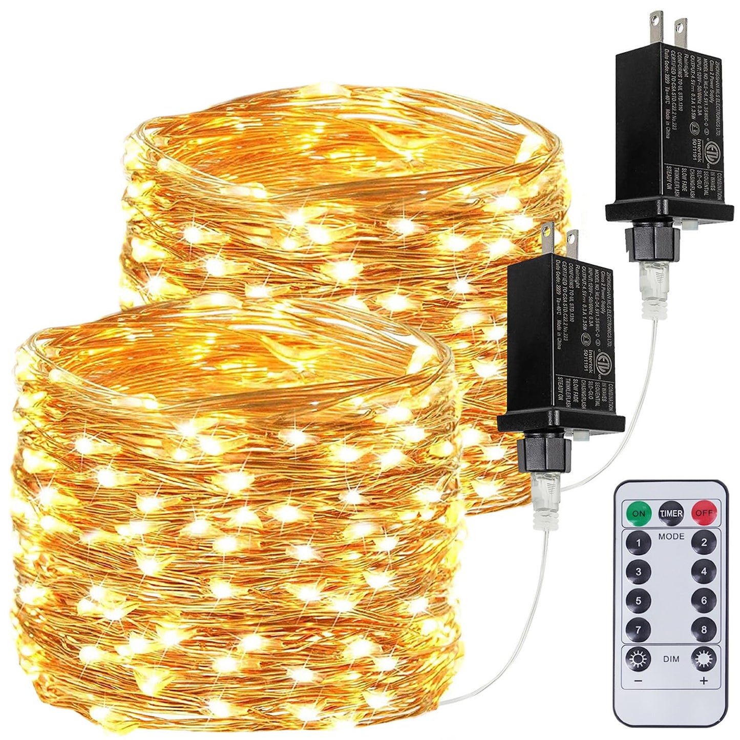 BHCLIGHT 2Pack 33Ft 100 LED Fairy Lights, Warm White, Waterproof, 8 Modes with Remote, Model MLS-D4.5V1.35WUC-O