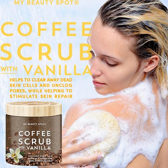 My Beauty Spot Coffee Scrub with Vanilla – Dry Exfoliating Body Scrub & Face for Smooth, Glowing Skin – Deep Cleansing Body Exfoliator for Women – Mix with Shower Gel or Water, Coffee Body Scrub 10 oz