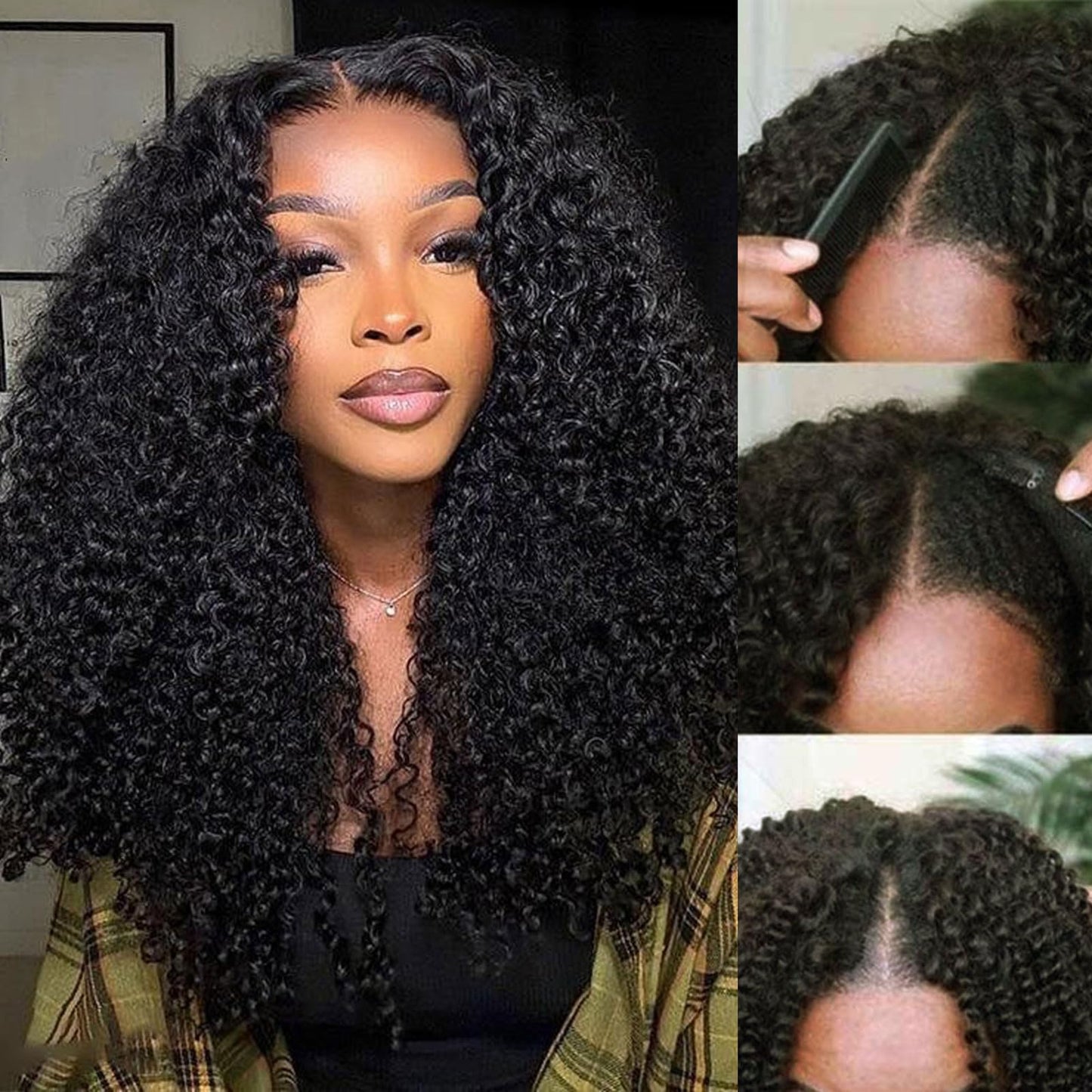 DSEKCAIN Kinky Curly V Part Wig Human Hair Glueless Clip In 100% Real Human Hair Curly V part Wigs No Glue No Sew In Upgrade U P