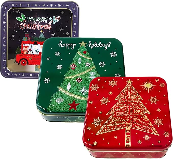 Square Christmas Tin Bundle – Set of 3 Holiday Cookie & Gift Tins (Green Tree, Red Snowflake, Blue Snowflake Truck) – Festive Containers for Cookies, Candy, Treats & Seasonal Gifting