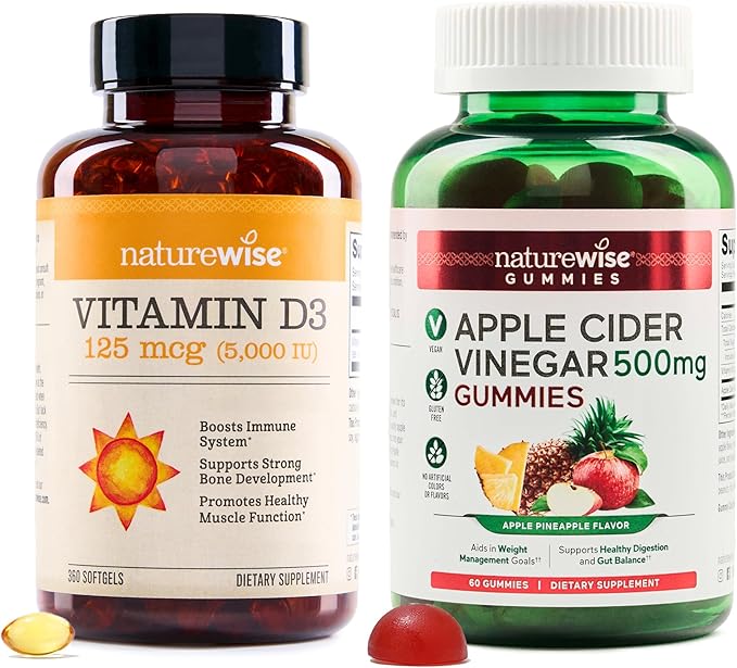 NatureWise Vitamin D3 5000IU (125mg) 360-Count + Apple Cider Vinegar Gummies 500mg with Vitamin B12, 60-Count - Bundle for Immune Health, Energy Support, Gut Health - Gluten Free, Soy Free, Non-GMO