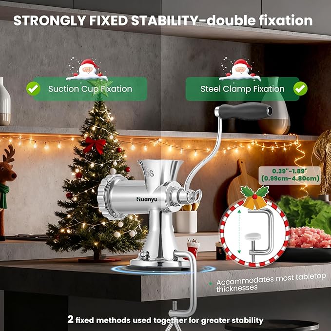 Huanyu Manual Meat Grinder - Heavy Duty Stainless Steel, Effortless Hand Crank for Fresh Ground Beef, Sausages & Pet Food - Compact, Dishwasher Safe - Perfect for Home Restaurant & Outdoor