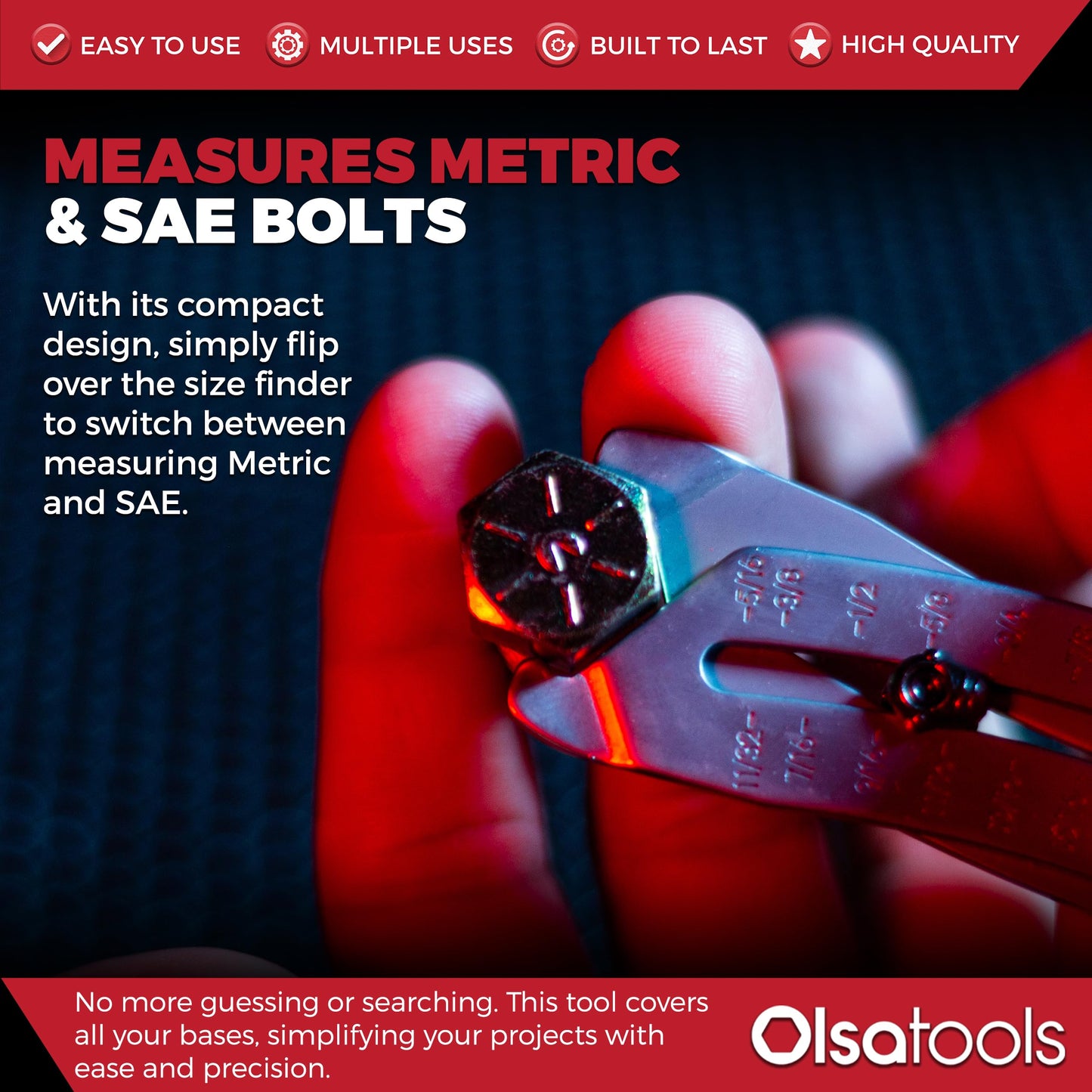 Olsa Tools Bolt Size Finder Keychain - Precision with Accurate Metric (8-25mm) and SAE (5/16 to 1") Measurements - Bolt Gauge - Dual-Sided - Portable Design - Gifts For Mechanics - Part: 1753