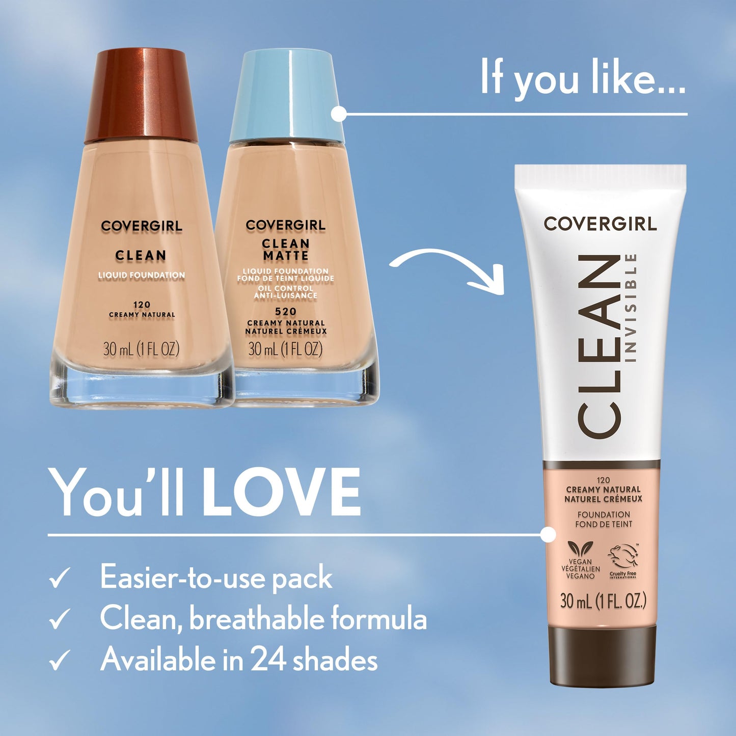 COVERGIRL Clean Invisible Foundation Makeup, Dewy & Glowy Natural Finish, Buildable Coverage, Skin-Like Smooth Look, Vegan, Clas