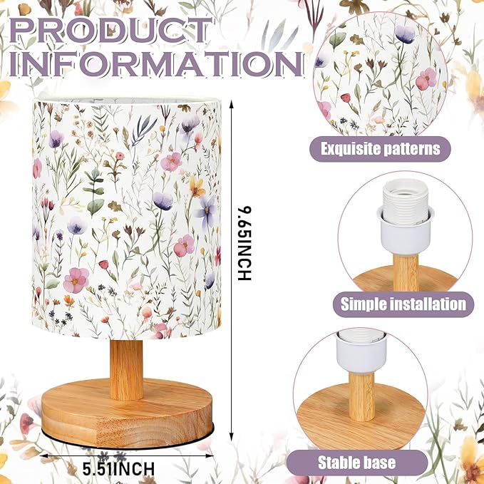 VIHOSE Wildflower Kids Table Lamp for Bedroom Kids Bedside Lamp with Linen Wooden Nightstand Cartoon Nursery Lampshade for Girls Boys Living Room