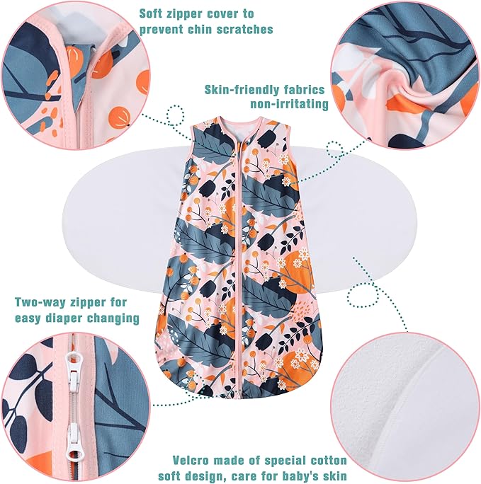 Newborn Sleep Sack Baby Swaddle,3-Way Adjustable Wearable Blanket,100% Rayon Cotton Swaddling Sleeping Bag，TOG 0.5 (Gerbera & Tulips, 0-3 Months)