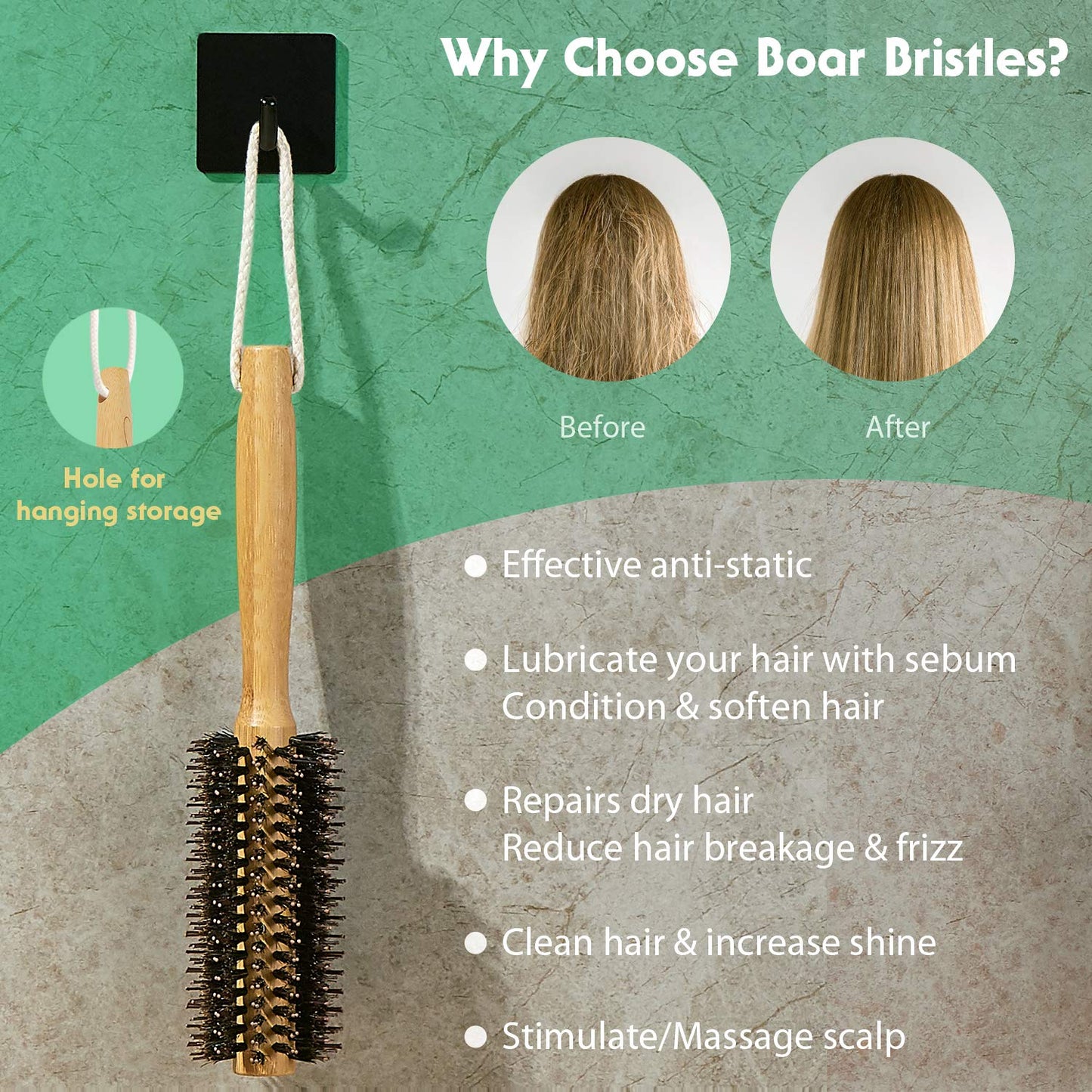 Vista Round Brush Bamboo with Pin Tail Comb Natural Boar Bristle Hair Brush Round for Blow Drying for Women Hairbrush for Wet or
