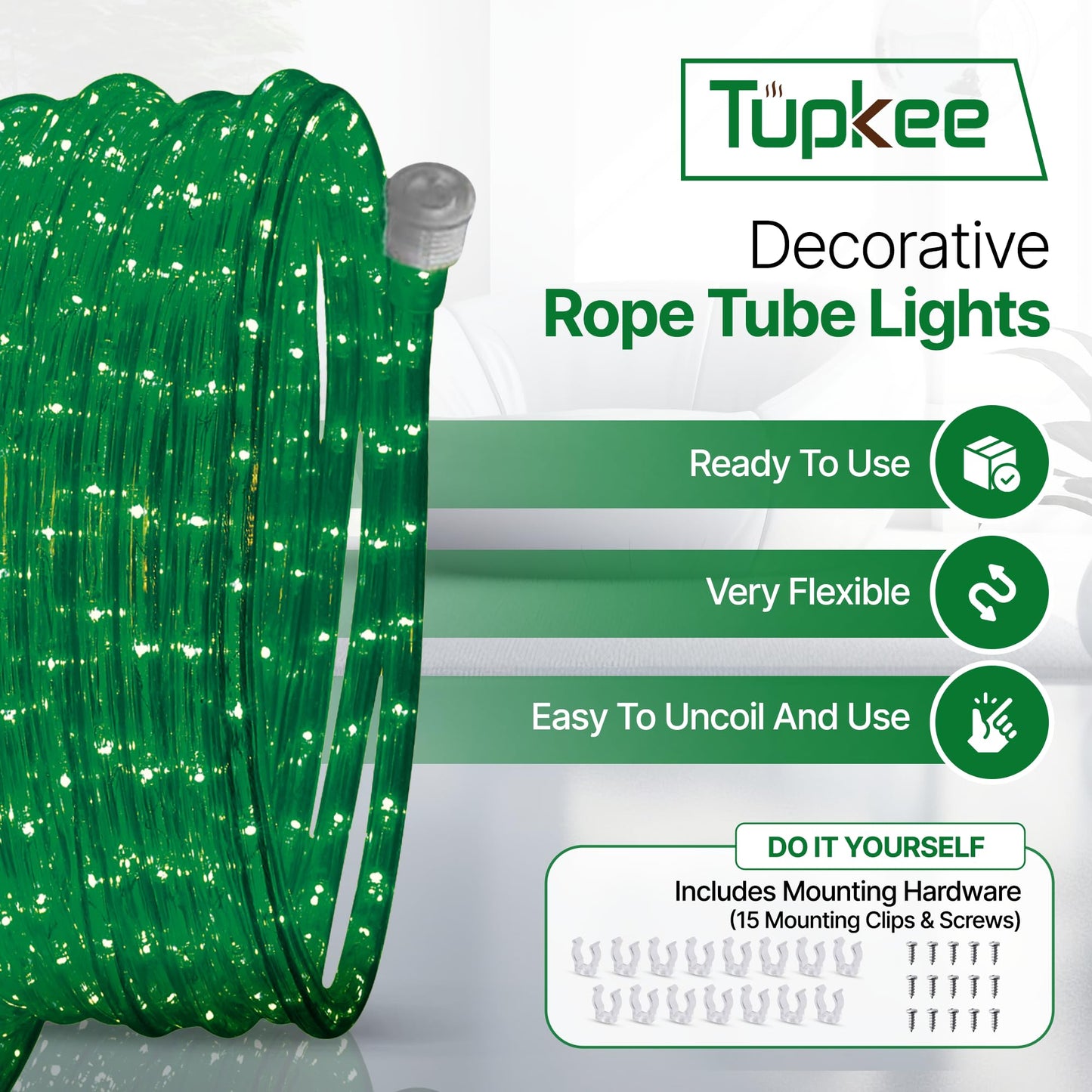 Tupkee LED Rope Light 24ft Green, Indoor/Outdoor Use, 10mm Diameter, Pack of 2, Long Life 144 LED Bulbs, PVC Tube and Copper Wire