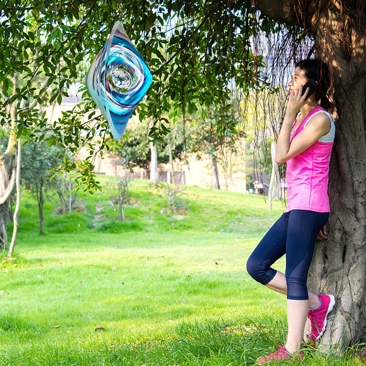 FONMY Mandala Wind Spinner w/Crystal Ball 3D Stainless Steel Hanging Wind Spinner Worth Gift Christmas Decoration Indoor/Outdoor Garden Décor Kinetic Yard Art 12 Inches Multi Blue Wind Sculpture