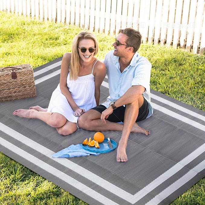 9'x 12' Outdoor Rug,Waterproof Reversible Patio Rugs,9x12 ft Plastic Straw Outdoor Carpet Foldable Plastic Camping Mat for Outside RV, Patio,Picnic,Camper,Balcony,Porch(Gray&White)