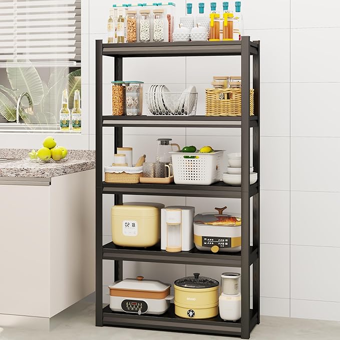 Kitchen Storage Shelves, Heavy Duty Shelving Unit, 5-Tier Adjustable Pantry Shelf, Food and Beverage Storage Shelves, Durable Metal Shelving, Appliance Storage, 59.1" H, Black