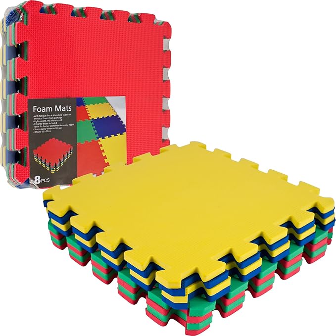 Interlocking Floor Mats - 8-Piece Nontoxic Exercise Mat or Play Mat for Toddlers, Babies or Kids - Foam Padding for Home Gym by Stalwart (Multicolor)
