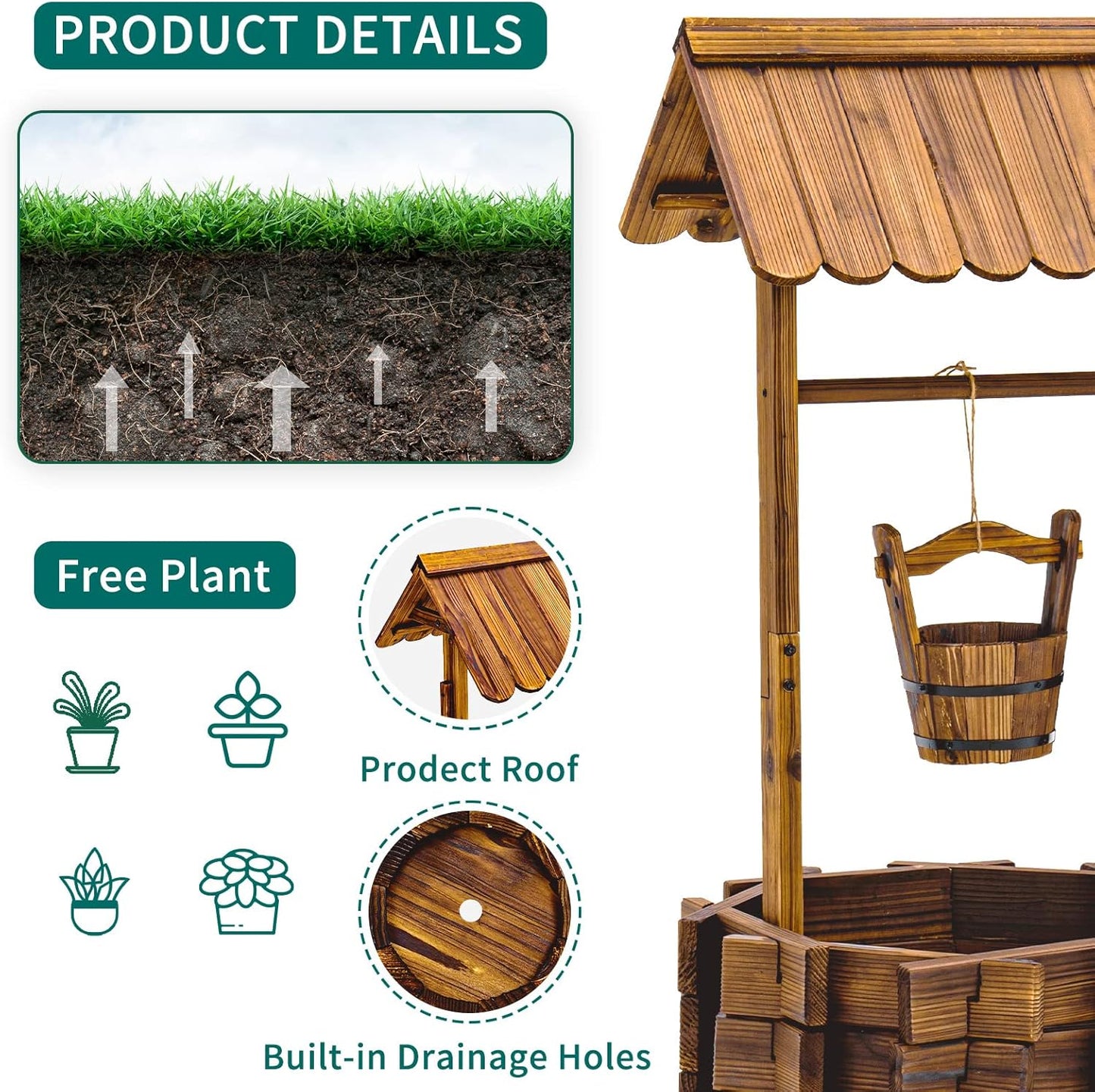 UDPATIO Rustic Solid Fir Wood Wishing Well Planter for Outdoor Plants, 16.5 in Diameter