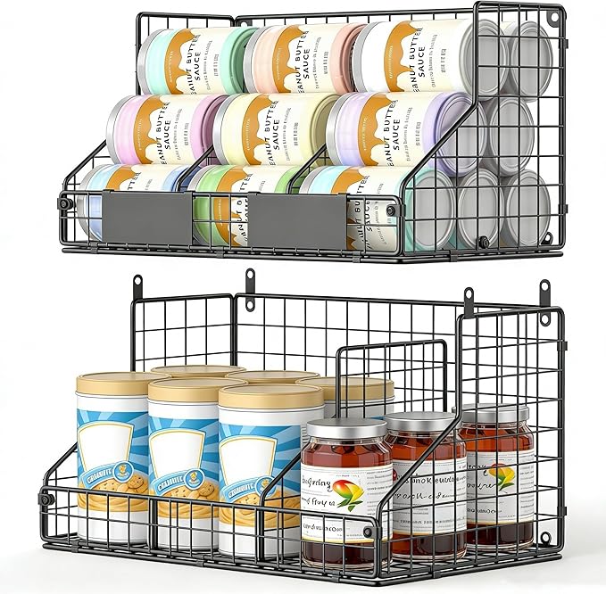 2-Tier Stackable Pantry Organizers and Storage, Can Organizer for Pantry and Soda Can Organizer, Metal Wire Rack with 4 Adjustable Dividers Holds 60+ Cans for Cabinet Countertop
