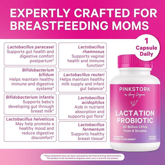 Pink Stork Lactation Probiotic - 30 Billion CFUs Multi Strain Postnatal Probiotics for Breastfeeding Women - Support Breast Milk & Gut Health, Postpartum Essentials, 30 Capsules
