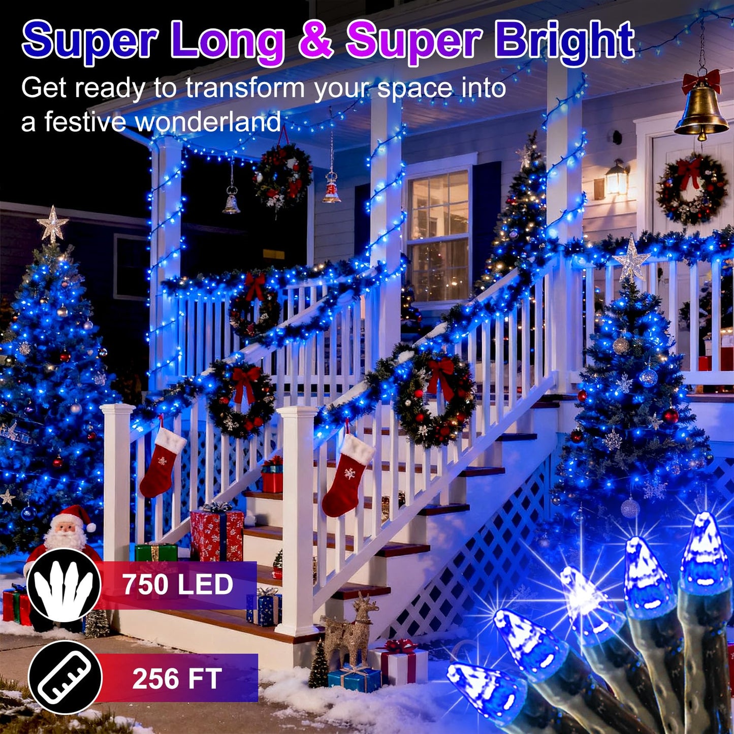 750 Led 256Ft Outdoor Christmas Lights  Super Long String Lights 8 Modes Timer Memory  Outsite Waterproof Dark Green Wire Fairy Light Strings For Xmas Tree Wedding Holiday Party Decorations Blue