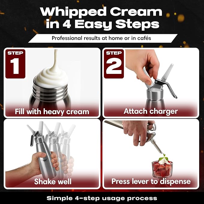 Chef Master (1 Pint / 0.5 Liter) Aluminum Whipped Cream Dispenser - Decorating Tips for Desserts, Coffee, Latte + Cleaning Brush - Whip Cream Dispenser Canister for Home, Bakery or Restaurant - 90076