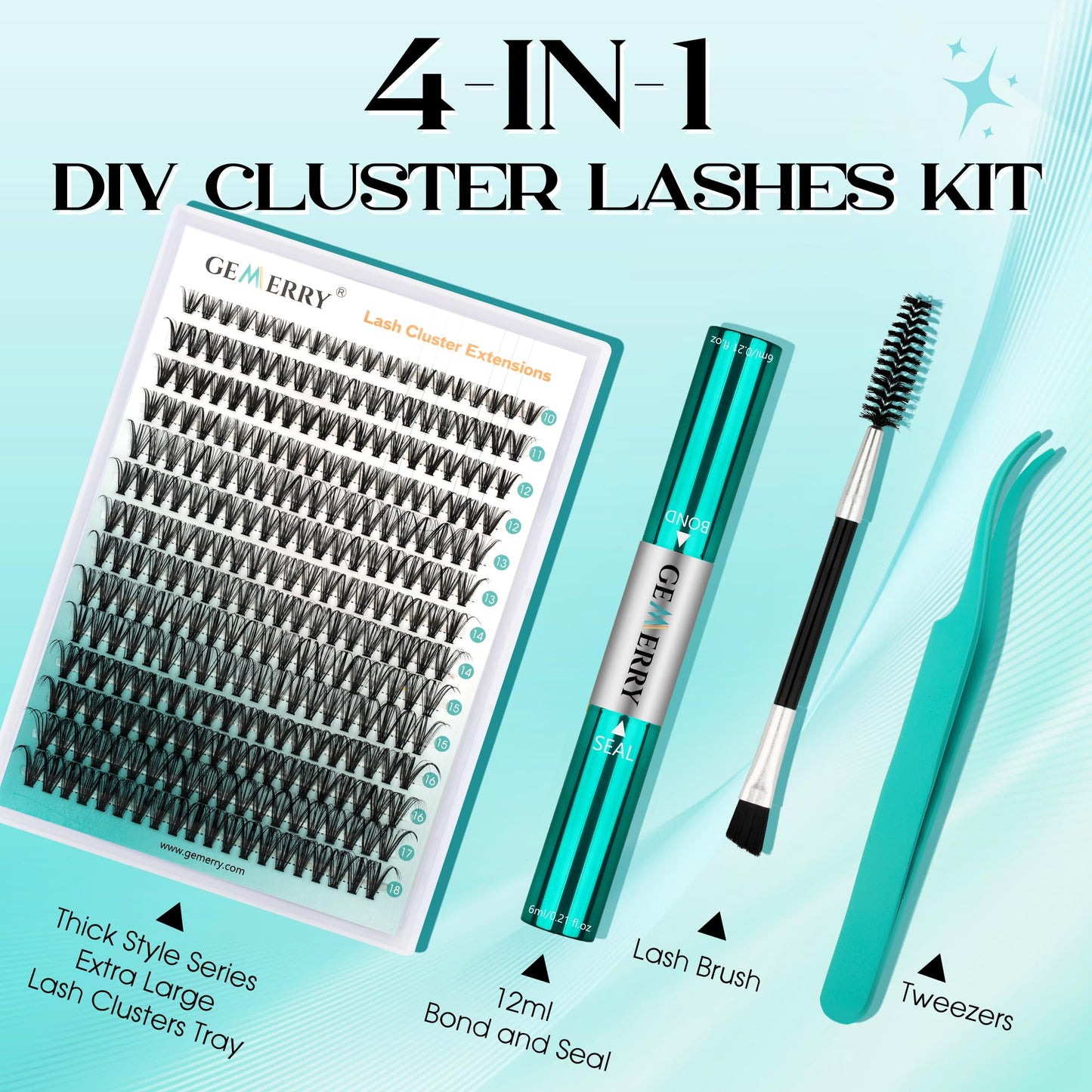 GEMERRY Thick Lash Clusters Kit Fluffy Lash Extension Kit Cluster Lashes 280Pcs D Curl Eyelash Extension Kit With Bond and Seal,