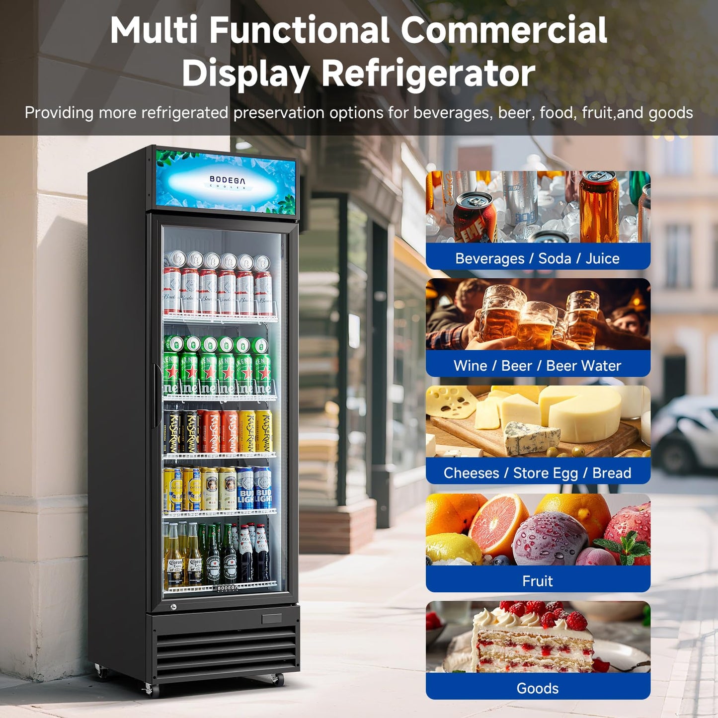 BODEGACOOLER Beverage Refrigerator and Cooler, Commercial Refrigerators with 4 shelves, Commercial Fridge with Soft LED Light. Merchandiser Refrigerators as Black Bar Cooler For Party, 9.0 Cu. Ft