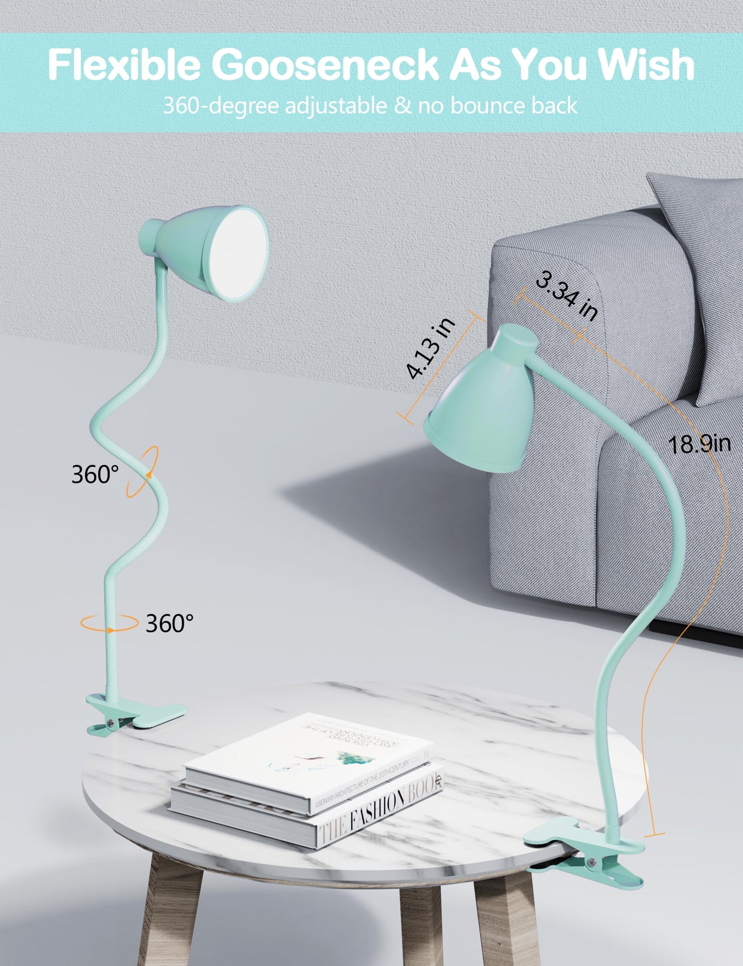 BOHON Desk Lamp with Clamp, 10W LED, 3 Color Modes, 10 Brightness Levels, Flexible Gooseneck, Teal, Model CDL10WT