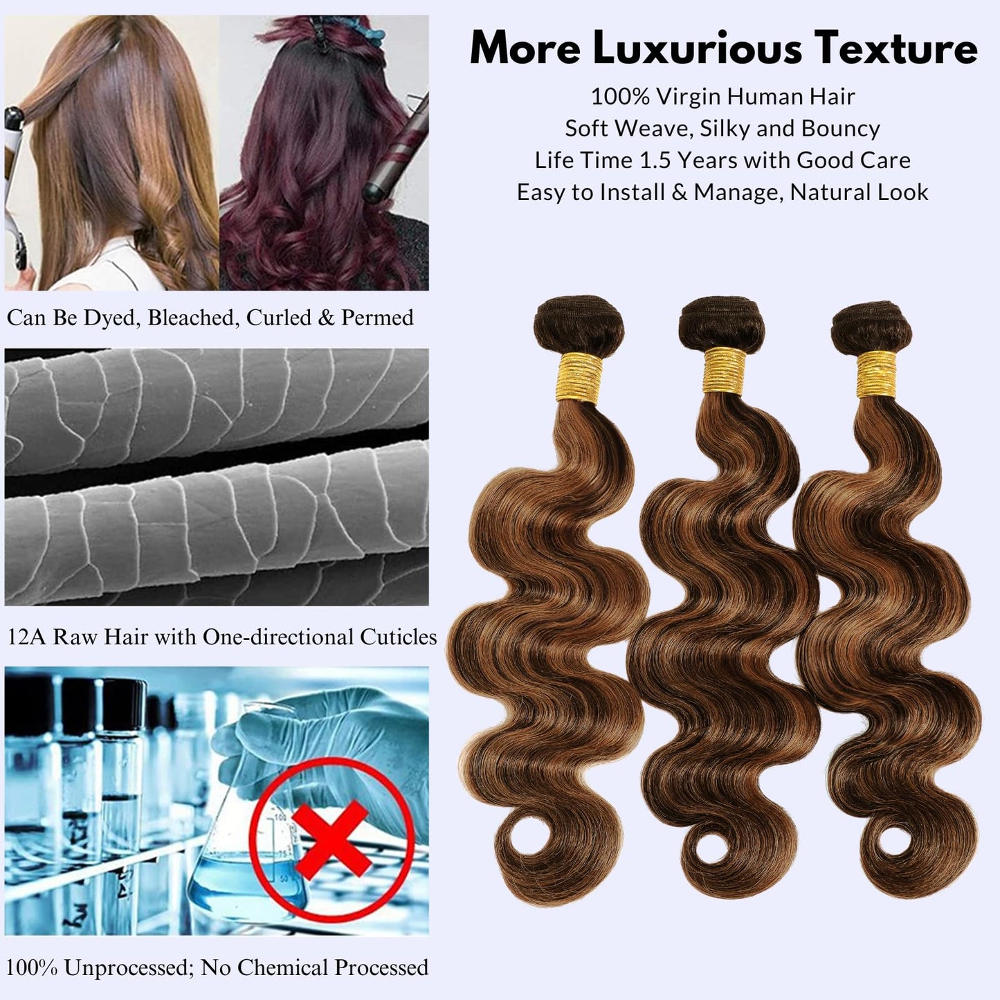 MOMOSHERO 1b/30 Highlight 3 Bundles Human Hair, Ombre Body Wave Fb30 Colored 12A Black and Dark Bundles, Brown Two Tones Balayag