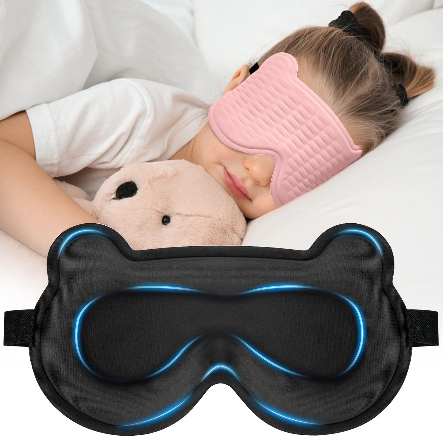 Kids Sleep Mask, 3D Sleeping Eye Mask for Kids with Adjustable Elastic Strap, Bear Shape Eye Cover with Memory Foam, Soft & Light-Blocking, Gift for Boys Girls Teens Age 5–15 (Pink)