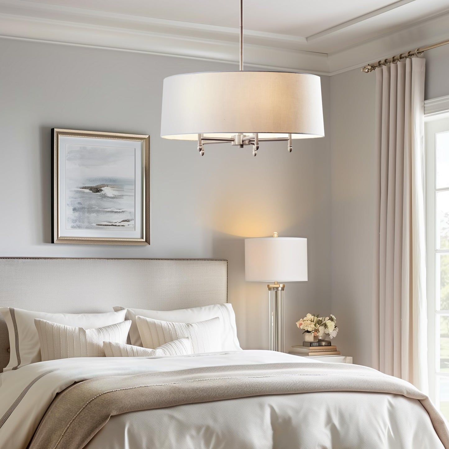 Hampton Hill 5-Light Presidio Chandelier, Modern Design For Dining Room, Adjustable Height, 24 W, Silver/White, Model Mps150-0107