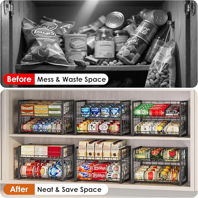 X-cosrack 2 Packs Stackable Can Rack Organizer for Pantry, 2-Tier Adjustable Pantry Can Storage Organizer for Canned Food Can Goods, Kitchen Can Dispenser Holder for Soda Drinks Snack, Black