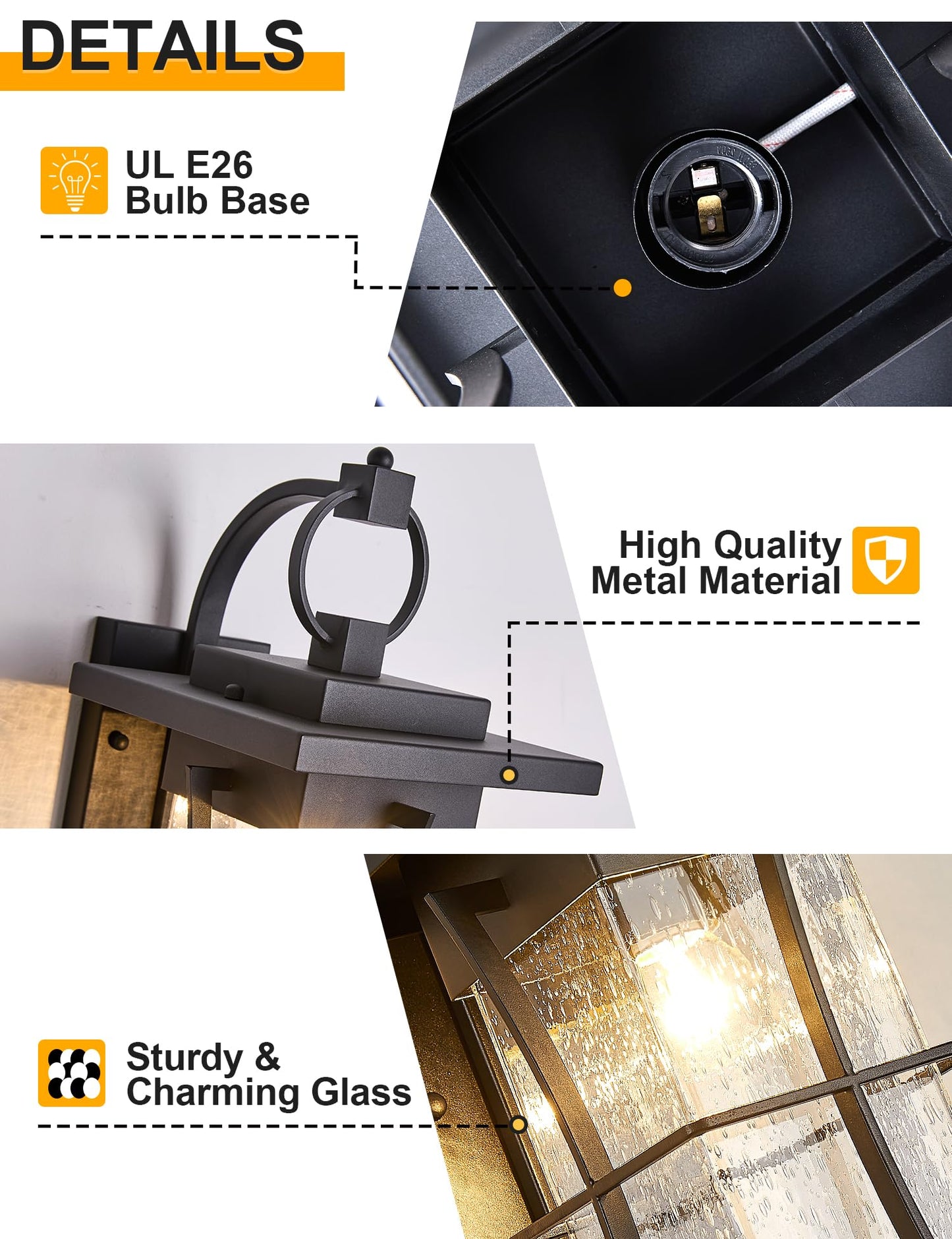 EERU Outdoor Wall Sconce, 18in H, Black, Large Size, Waterproof, Metal, Clear Seeded Glass, Ideal for Villa Porch and Garage
