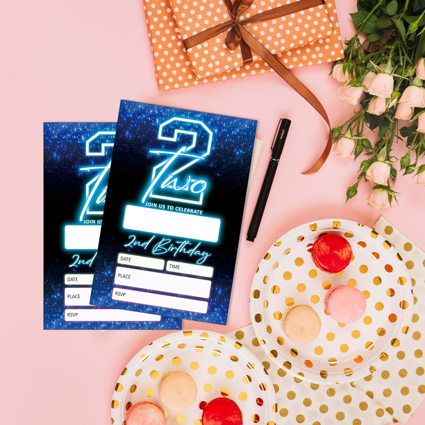 SIXEIGHT Blue 2nd Birthday Invitations for Boys, Neon Glow Party Invitations for Girls Kids, 20 Pack Double Sided Invite Cards with Envelopes, 2nd Glow Neon Birthday Party Decorations, 4x6 Inch-C02