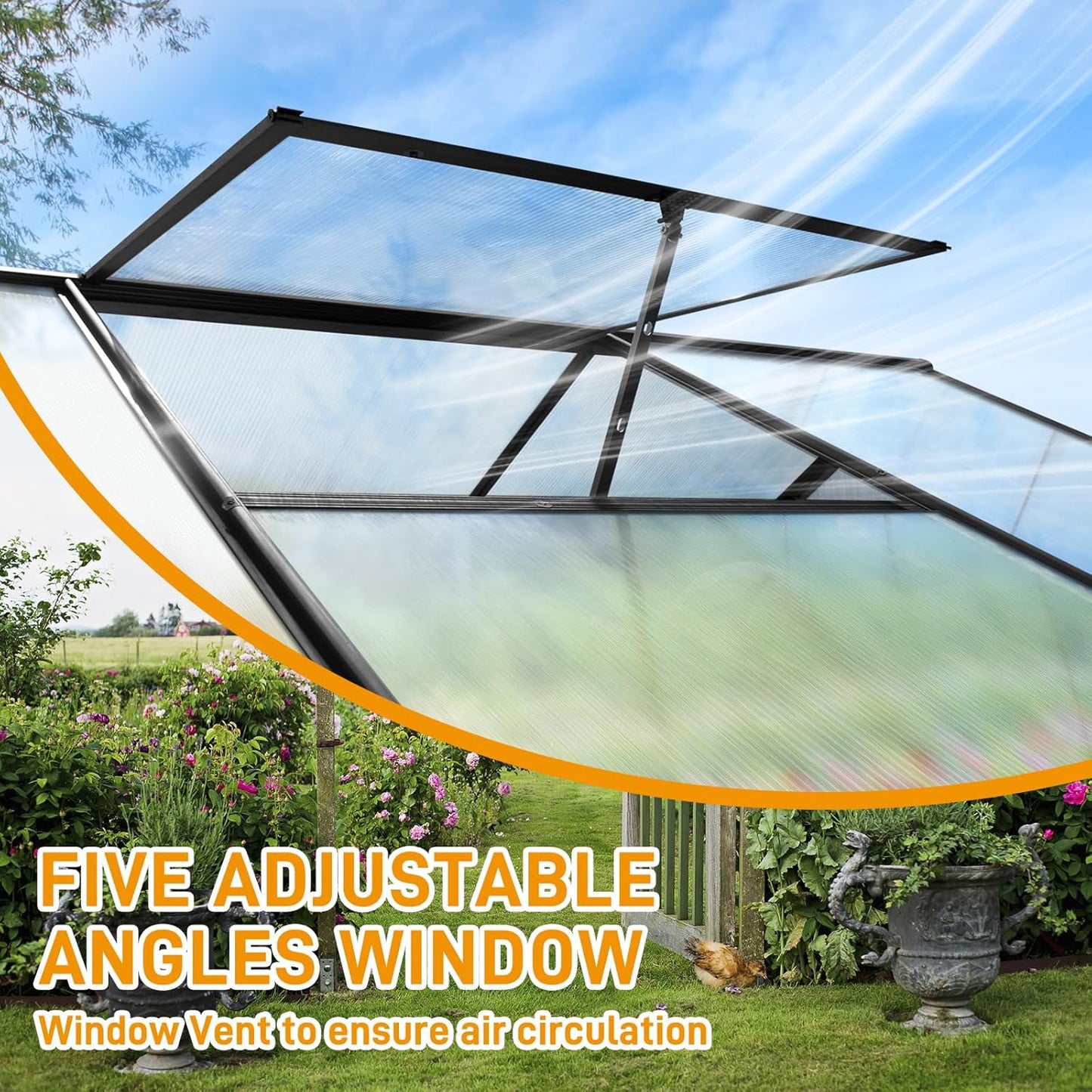 VINGLI 6x8 FT Heavy Duty Polycarbonate Greenhouse with 5 Roof Vents, Aluminum Frame, Black