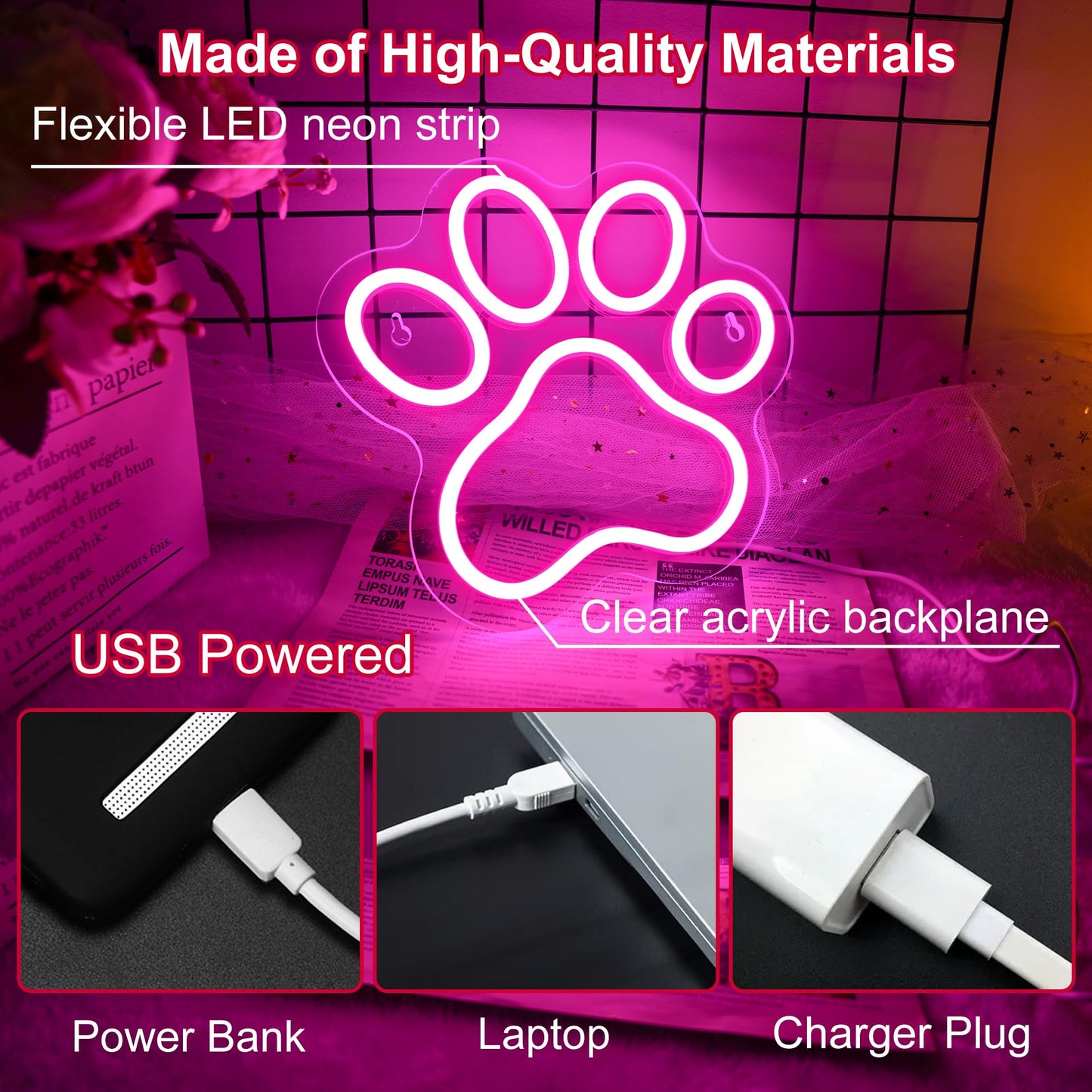 Aslanka Dog Paw Neon Led Sign  Dimmable Paw Neon Light For Wall Decor  Usb Powered Neon Light Sign For Bedroom Dog House Esthetics Wall Art-Pink