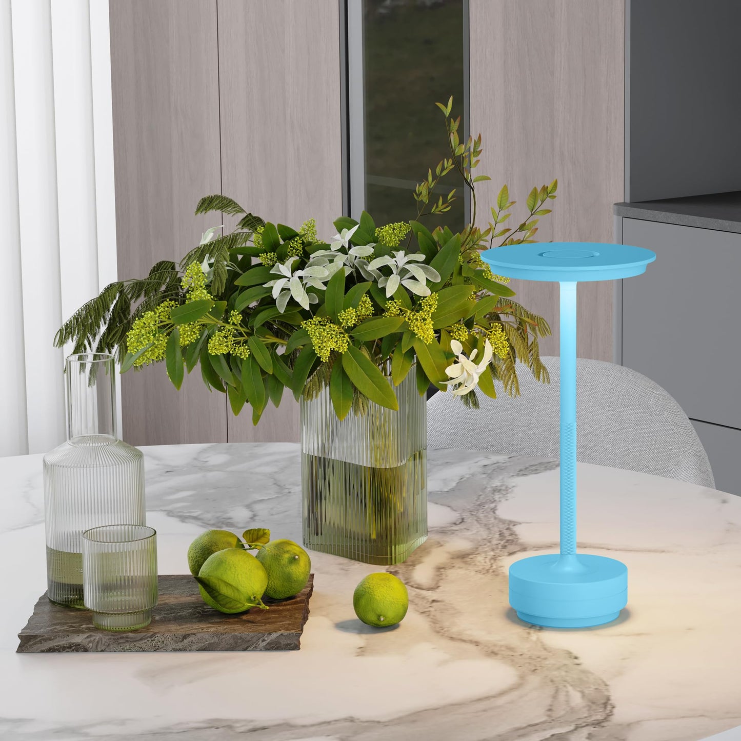 TBBGA Rechargeable Cordless Table Lamp, 5000mAh, LED, 3 Color Dimming, Aluminum, Model T106C, Blue