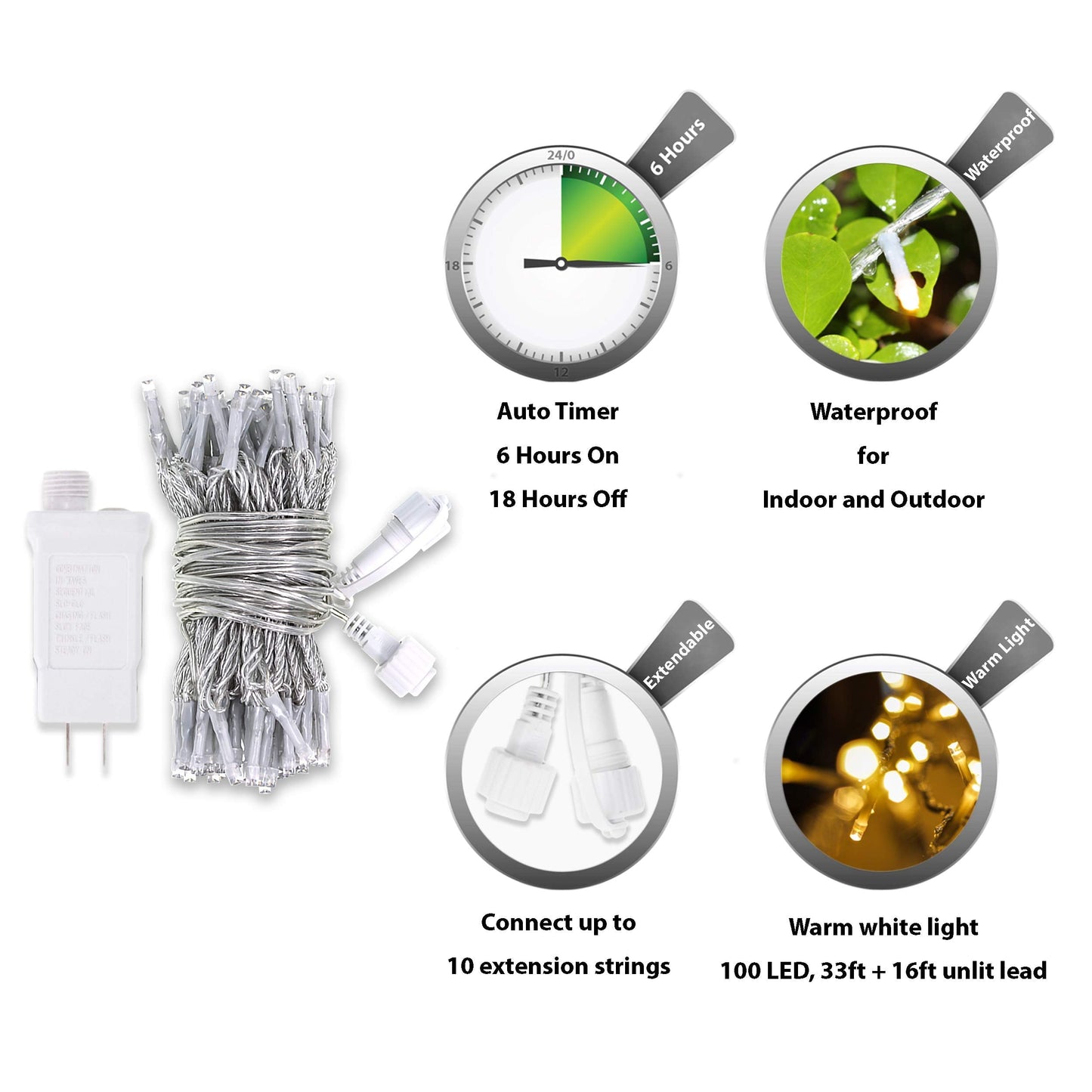 Louis Choice Led String Lights, 100 Warm White Lights, 49Ft Waterproof, Indoor/Outdoor, With Timer, Model Lc_Slp