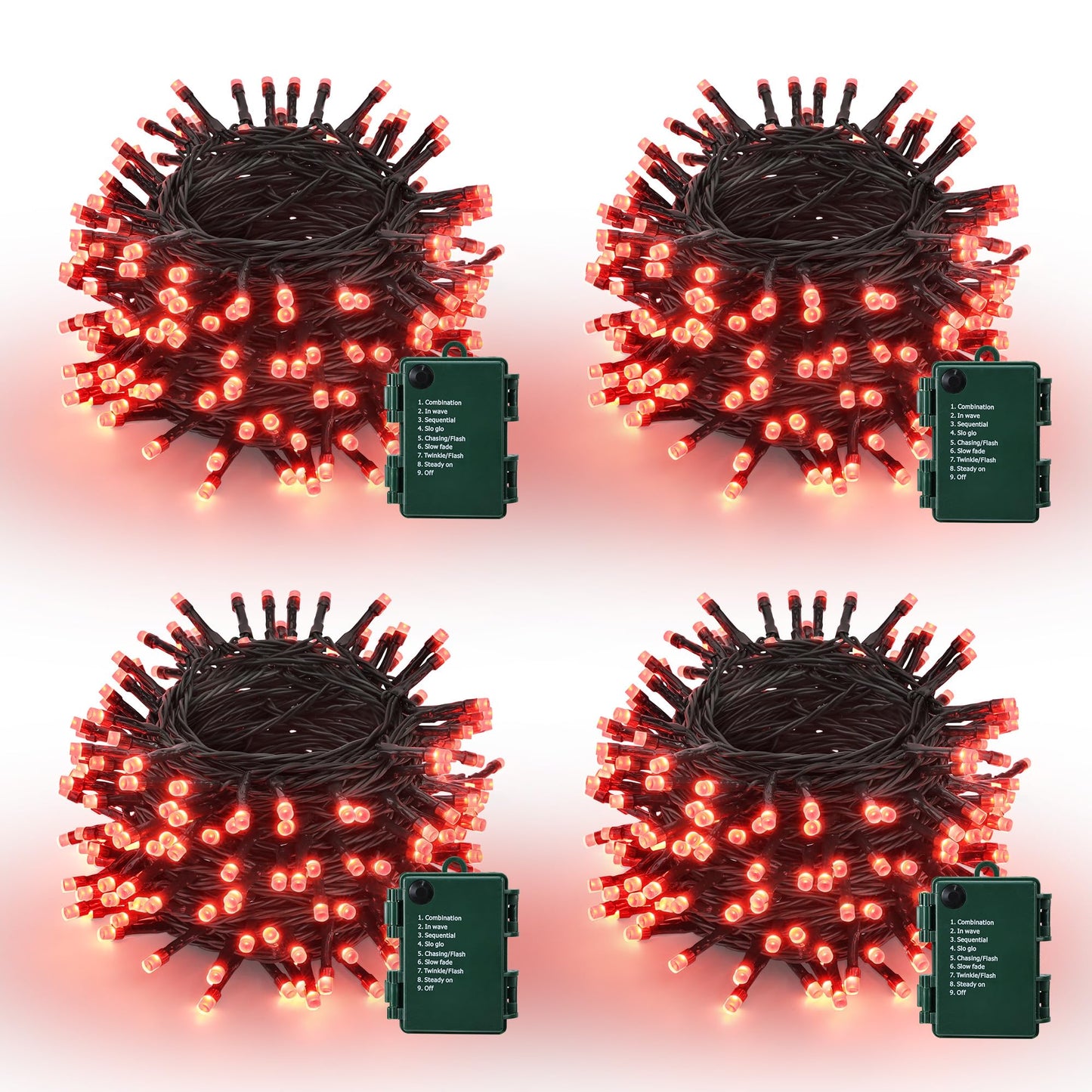Lomotech Battery Operated Christmas Lights - 4 Pack Total 66Ft 200Leds String Lights 8 Modes Waterproof With Timer For Home  Garden  Party  Holiday  Tree Decoration (Green Wire  Red)