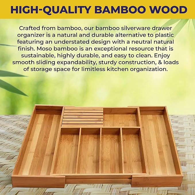 NEW Bamboo Wood Drawer Organizer with Silverware and Knife Block - 12.75-22 x 17 x 2 In (Brown)