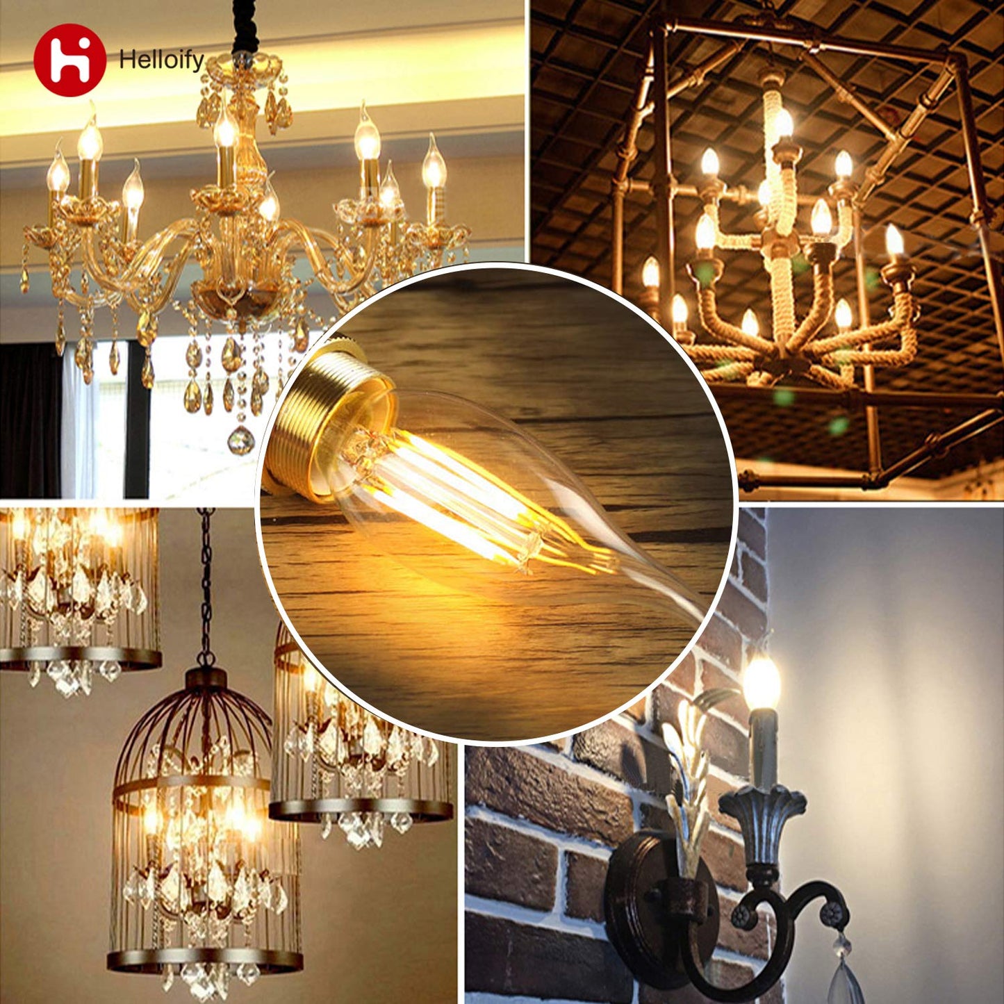 Helloify Vintage Led Edison Bulbs, 5.5W Dimmable, 2700K Soft White, E12 Base, 6 Pack, Clear Glass, 500Lm, Model Ba